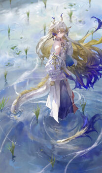 1girl absurdres arknights bare_shoulders beads blonde_hair closed_mouth colored_extremities day dragon_girl dragon_horns dragon_tail earrings farm fudepenbrushpen grey_eyes hair_between_eyes hair_intakes highres horns jacket jewelry long_hair long_sleeves multicolored_hair necklace off_shoulder outdoors plant purple_hair rice_(plant) rice_paddy ripples shu_(arknights) smile solo standing tail very_long_hair wading water white_hair white_jacket wind
