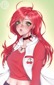 1girl ahoge black_choker blush breasts cherry_print choker commentary double-parted_bangs earrings english_commentary food_print fruit_print green_background green_eyes hair_between_eyes highres hood hood_down hooded_jacket jacket jewelry large_breasts lips long_hair looking_at_viewer midriff navel nose original puckered_lips red_hair red_shirt shirt solo stud_earrings teyoid upper_body white_jacket