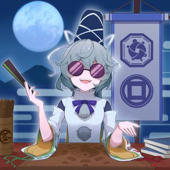 1girl absurdres book chinese_commentary commentary_request detached_sleeves devilkillerx facing_viewer folded_fan folding_fan full_moon grey_hair hand_fan hat highres holding holding_fan japanese_clothes kariginu long_hair looking_at_viewer mononobe_no_futo moon night open_mouth pom_pom_(clothes) purple-tinted_eyewear ribbon-trimmed_sleeves ribbon_trim round_eyewear smile solo sunglasses table tate_eboshi teeth tinted_eyewear touhou upper_teeth_only wide_sleeves