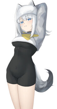 arknights arknights:_endfield arms_behind_head bandaid bandaid_on_cheek bandaid_on_face black_romper blue_eyes breasts bright_pupils commentary covered_navel cowboy_shot estella_(arknights) grey_tail hachimin8_(shrine_kyo) hat highres light_smile long_sleeves looking_at_viewer medium_breasts romper short_hair simple_background skin_tight standing tail white_background white_hair white_hat white_pupils