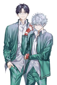 Rule 34 | 2boys, absurdres, black hair, chamuring, collared shirt, cowboy shot, glasses, green jacket, green pants, hand in pocket, highres, jacket, kaidou shun, kuboyasu aren, male focus, multiple boys, pants, parted lips, rectangular eyewear, red eyes, saiki kusuo no psi nan, shirt, short hair, simple background, white background