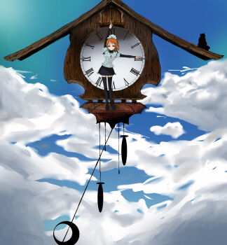 Rule 34 | 1girl, cat, clock, cloud, day, female focus, gothic lolita, highres, jewelry, kumosuke, lolita fashion, necklace, orange hair, pixiv fantasia, pixiv fantasia 1, red eyes, scenery, sky, solo, thighhighs, zettai ryouiki