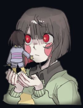 +_+ 2others animification black_background black_shirt blue_shorts blue_sweater brown_hair chara_(undertale) collared_shirt colored_inner_hair colored_skin commentary_request fingernails frisk_(undertale) from_behind green_sweater hair_between_eyes hands_up holding holding_stick korean_commentary long_sleeves looking_at_another mini_person multicolored_hair multiple_others other_focus pale_skin puffy_long_sleeves puffy_sleeves red_eyes red_hair shirt short_hair shorts simple_background single_stripe socks stick striped_clothes striped_sweater sweater undertale upper_body utdr_(toby_fox) white_socks yellow_skin yx_won2