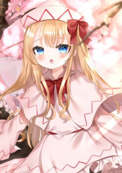 1girl :o absurdres blonde_hair blue_eyes blush bow bowtie capelet cherry_blossoms commentary dress fairy fairy_wings hat highres light_rays lily_white long_hair long_sleeves looking_at_viewer okome2028 outdoors red_bow red_bowtie solo straight_hair touhou very_long_hair white_capelet white_dress white_hat wings