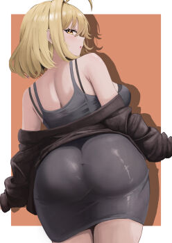 1girl ahoge anis_(nikke) ass back black_bra black_sweater blush bra breasts brown_eyes brown_hair butt_crack_outline dress from_behind goddess_of_victory:_nikke grey_dress large_breasts looking_back off-shoulder_sweater off_shoulder open_mouth open_sweater orange_background short_hair sleeveless sleeveless_dress small_chair_(xiaosaiyi33818) solo standing sweater underwear