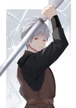 1boy arm_up black_shirt brown_jacket hero_killer ijincheon_(hero_killer) jacket kenooba long_sleeves open_mouth red_hair scar scar_on_face serious shirt short_hair solo sword weapon white_hair