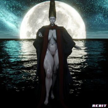 940_(rebit45) barefoot belly breasts cloak commentary elden_ring feet female_pervert highres large_breasts looking_at_viewer moon naked_cloak pervert pussy rennala_queen_of_the_full_moon white_eyes