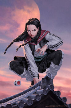 1girl black_eyes black_hair black_leggings black_skirt blue_sky braid brown_shoes comic_cover commentary demon_days_(marvel) english_commentary gradient_sky hair_pulled_back highres jacket leg_warmers leggings looking_at_viewer low_twin_braids marvel official_art orange_sky reina_(marvel) shirt shoes signature skirt sky solo spider_web_print squatting twin_braids white_leg_warmers white_shirt yo-yo yoon_junggeun