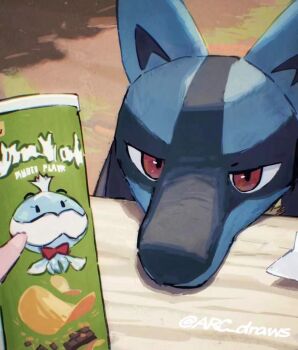 Rule 34 | 1other, arc draws, character print, day, gen 4 pokemon, gen 5 pokemon, grass, highres, holding, jellicent, jellicent (male), lucario, nintendo, outdoors, pokemon, pokemon (creature), pringles can, red eyes, shadow, table, twitter username