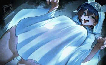 1girl belle_(zenless_zone_zero) blue_hair food-themed_hair_ornament ghost_costume green_eyes hair_ornament halloween halloween_costume highres mendo0821 naked_costume open_mouth pumpkin pumpkin_hair_ornament sheet_ghost solo tongue tongue_out zenless_zone_zero