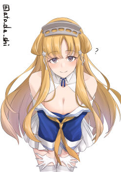 Rule 34 | 1girl, ?, absurdres, atodashi, blonde hair, blue eyes, blue shirt, breasts, cleavage, cowboy shot, double bun, fletcher (kancolle), gloves, hair bun, hair ornament, hairband, highres, kantai collection, large breasts, long hair, looking at viewer, neckerchief, off shoulder, sailor collar, school uniform, serafuku, shirt, simple background, skirt, smile, solo, star (symbol), star hair ornament, thighhighs, twitter username, white sailor collar, white skirt, white thighhighs