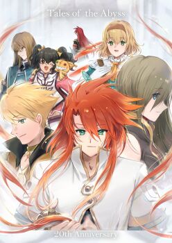 Rule 34 | 3girls, 4boys, anise tatlin, anniversary, asch (tales), ascot, black hair, blonde hair, blue eyes, blue jacket, brown dress, brown eyes, brown hair, brown vest, choker, closed mouth, commentary, copyright name, cutting hair, donutous, dress, english commentary, glasses, gloves, green eyes, guy cecil, hairband, highres, holding, holding own hair, jacket, jade curtiss, long hair, luke fon fabre, multiple boys, multiple girls, natalia luzu kimlasca lanvaldear, one eye closed, open mouth, pink dress, popped collar, profile, red hair, shirt, short hair, short hair with long locks, sleeveless, sleeveless dress, smile, tabard, tales of (series), tales of the abyss, tear grants, tokunaga (tales), twitter username, upper body, vest, white gloves, white jacket, white shirt, white tabard, yellow ascot