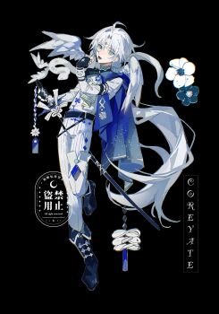 1boy absurdres ahoge aqua_eyes ascot belt black_background black_belt black_boots black_gloves blue_cape blue_flower boots brooch camellia cape chinese_commentary curtained_hair fangs feathered_wings fingerless_gloves flower flower_knot fold-over_boots gaiters gloves grey_eyes hair_wings hand_to_own_mouth hand_up heterochromia highres holding holding_sword holding_weapon infinity_symbol jewelry long_hair long_sleeves looking_at_viewer male_focus open_mouth original pankou pants parted_bangs sheath sheathed shide shirt side_cape sideways_glance simple_background sleeve_cuffs snake solo standing standing_on_one_leg sword tassel tengyuan_bei_ze thighhigh_gaiters thighhighs very_long_hair watermark weapon white_ascot white_flower white_pants white_shirt white_snake white_wings winged_animal wings