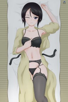 Rule 34 | 1girl, ;), absurdres, acrux, arm up, artist logo, bath yukata, black bra, black eyes, black garter belt, black hair, black panties, black thighhighs, bra, bra tug, chouno ami, closed mouth, commentary, dated, english commentary, from above, futon, garter belt, girls und panzer, gluteal fold, green kimono, groin, highres, japanese clothes, kimono, lace, lace-trimmed bra, lace-trimmed panties, lace trim, lingerie, logo, looking at viewer, lying, navel, on back, one eye closed, open clothes, open kimono, panties, short hair, short sleeves, smile, solo, string panties, swept bangs, tatami, thigh gap, thighhighs, underwear, yukata