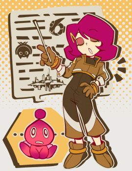 1girl 1other 2025 blue_eyes bodysuit brown_gloves brown_jacket brown_shoes chao_(sonic) closed_mouth commentary contrapposto cropped_jacket emerl_(sonic) english_commentary eyeshadow female_focus floating_island full_body gloves gradient_background hair_ornament hairclip hand_on_own_hip holding holding_pointer index_finger_raised jacket koco_(sonic) looking_at_viewer maitroll makeup notice_lines pink_hair pointer polka_dot polka_dot_background professor_victoria purple_eyeshadow sega shoes short_hair solo sonic_(series) sonic_battle sonic_frontiers sonic_the_hedgehog_(classic) sonic_the_hedgehog_3 spoken_expression staring yellow_background