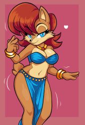 Rule 34 | 1girl, absurdres, animal ears, bare shoulders, blue eyes, body fur, bracelet, breasts, brown fur, cleavage, closed mouth, commentary, commission, furry, furry female, heart, highres, jewelry, large breasts, looking at viewer, midriff, navel, raiderwolf, red hair, sally acorn, simple background, smile, solo, sonic (series), sonic the hedgehog (archie comics), sonic the hedgehog (satam), squirrel girl, standing, stomach, two-tone fur