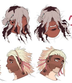 axolotl beard_stubble black_hair blonde_hair braid dark-skinned_male dark_skin facial_hair gills grey_hair hair_bun heterochromia long_hair moosopp multiple_piercings original pink_hair shark shaved_beard stubble