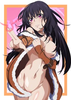 absurdres artist_name black_hair brown_jacket code_geass code_geass:_dakkan_no_roze geass highres jacket long_hair nude purple_eyes railtracer8888 shiny_skin simple_background sumeragi_sakuya