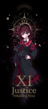 1girl absurdres armband black_background black_pantyhose black_shirt black_shoes black_skirt blue_eyes blush brown_hair chinese_commentary closed_mouth commentary_request cosplay flower full_body girls_band_cry hair_between_eyes hair_flower hair_ornament hand_on_own_hip highres indoors iseri_nina layered_skirt long_hair low_twintails mahou_shoujo_no_majo_saiban necktie nikaido_hiro nikaido_hiro_(cosplay) pantyhose pleated_skirt red_necktie red_skirt shirt shoes short_hair short_twintails skirt solo twintails yun_cao_bing