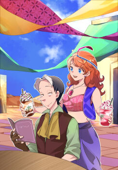 1boy 1girl :d bare_shoulders behind_another bikini bikini_top_only black_hair blue_eyes blue_sky breasts brooch brown_gloves building cedric_(disney) checkered_background chocolate_syrup cleavage closed_mouth cloud collarbone collared_shirt commentary_request cowboy_shot cup day desert disposable_cup drinking_straw earrings fingerless_gloves food gloves green_shirt hair_behind_ear highres holding holding_cup holding_menu ice_cream jacket jewelry long_hair looking_at_another menu midriff multicolored_hair necklace open_mouth orange_hair outdoors outline patterned_clothing pink_bikini pointy_nose purple_jacket purple_sarong red_vest sarong shirt short_hair sky sleeveless sleeveless_jacket small_breasts smile sofia_(disney) sofia_the_first sprinkles stud_earrings sundae swept_bangs swimsuit table teeth two-tone_hair uo_sakana5656 upper_body upper_teeth_only very_short_hair vest wavy_hair whipped_cream white_hair white_outline wooden_table