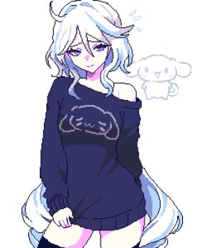 Rule 34 | 1girl, ahoge, alternate costume, blue eyes, blue streaks, blue sweater, cinnamoroll, closed mouth, clothes tug, cowboy shot, double-parted bangs, facing viewer, flying sweatdrops, furina (genshin impact), fuwa fuwa cinnamoroll, genshin impact, hair between eyes, hashtag-only commentary, highres, long hair, long sleeves, looking to the side, multicolored hair, pixel art, sakami (pixelsakami), sanrio, simple background, single bare shoulder, smile, solo focus, streaked hair, sweater, sweater tug, very long hair, white background, white hair