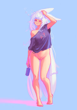1girl alternate_hairstyle animal_ears blue_background bottomless cat_ears cat_girl commentary contrapposto english_commentary facial_mark fang full_body gluteal_fold gormottograph hair_brush hair_down hand_on_own_head highres holding holding_brush holding_hair_brush light_smile long_hair naked_shirt nia_(xenoblade) off-shoulder_shirt off_shoulder one_eye_closed pussy shirt signature solo squeans thick_eyebrows uncensored very_long_hair whisker_markings white_hair xenoblade_chronicles_(series) xenoblade_chronicles_2 yellow_eyes