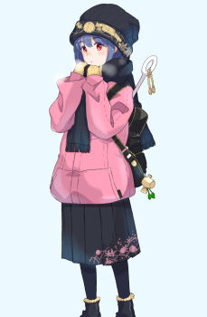 1girl alternate_costume backpack bag black_boots black_pantyhose black_scarf black_skirt blue_hair boots commentary fur-trimmed_boots fur_trim gloves highres jack_(wkm74959) jacket knit_hat miracle_mallet needle_sword one-hour_drawing_challenge pantyhose parted_lips pink_jacket red_eyes scarf skirt solo standing steam sukuna_shinmyoumaru touhou yellow_gloves