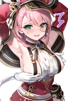 1girl armpits arms_up blue_gemstone blush breast_hold breasts newsboy_cap camera charlotte_(genshin_impact) covering_breasts covering_privates detached_sleeves disembodied_hand gem genshin_impact gloves green_eyes hat highres large_breasts medium_hair monocle open_mouth pink_hair red_hat solo_focus sweatdrop tickling tickling_breasts tomas_(kaosu22) upper_body white_background white_gloves