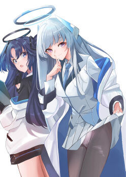 2girls absurdres aqua_necktie black_gloves black_jacket black_pantyhose black_skirt black_suit blue_archive blue_eyes blue_hair blue_necktie breasts clothes_lift collared_shirt commentary_request connyalow formal_clothes gloves hair_between_eyes hair_ornament half_gloves halo headgear headphones highres holding holding_hands id_card index_finger_raised jacket large_breasts lifting_own_clothes light_blush long_hair long_sleeves looking_at_viewer mechanical_halo miniskirt multiple_girls necktie noa_(blue_archive) open_clothes open_jacket open_mouth panties panties_under_pantyhose pantyhose pleated_skirt purple_eyes purple_hair school_uniform shirt sidelocks skirt skirt_lift skirt_suit smile suit triangle_hair_ornament two-sided_fabric two-sided_jacket two_side_up underwear very_long_hair white_hair white_halo white_jacket white_panties white_shirt white_skirt white_suit yuuka_(blue_archive)