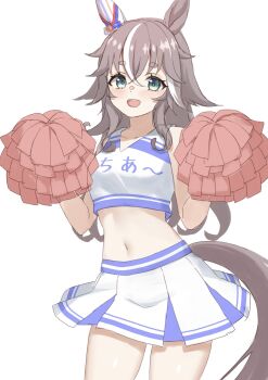 1girl absurdres animal_ears aqua_eyes astroglia_cyte blush breasts cheerleader commentary_request cowboy_shot crop_top cropped_shirt ear_covers grey_hair grey_tail hair_between_eyes hands_up highres holding holding_pom_poms horse_ears horse_girl horse_tail long_hair looking_at_viewer medium_breasts midriff miniskirt multicolored_hair navel open_mouth pom_pom_(cheerleading) pom_poms shirt short_eyebrows simple_background single_ear_cover skirt smile solo streaked_hair tail thick_eyebrows thighs umamusume white_background white_shirt white_skirt white_streaks wonder_acute_(umamusume)