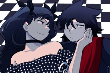 2girls bare_shoulders black_choker black_hair blue_eyes checkered_background choker commentary english_commentary fate/grand_order fate_(series) frown hair_over_one_eye highres ishtar_(fate) multiple_girls oc_x_canon off_shoulder original red_eyes red_sash reverse_trap sash short_hair smile two_side_up vincent-san yuri