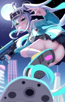 Rule 34 | 1girl, ahoge, aqua hair, aqua jacket, aqua streaks, ass, bandaid, bandaid on cheek, bandaid on face, black skirt, blowing bubble gum, chewing gum, city, commentary, commission, epinel (nikke), goddess of victory: nikke, green eyes, grey hair, gun, head-mounted display, highres, holding, holding gun, holding weapon, hood, hoodie, hoverboard, iwasora, jacket, long hair, looking at viewer, moon, multicolored hair, night, pleated skirt, ponytail, sidelocks, skirt, solo, star (sky), star (symbol), star sticker, sticker, streaked hair, two-tone hair, upskirt, very long hair, vgen commission, weapon, white hoodie