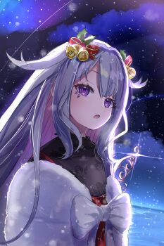 1girl absurdres banteu bell bow colored_inner_hair commentary_request detached_wings hair_ornament highres hololive hololive_english jewel_under_eye koseki_bijou multicolored_hair open_mouth pink_hair purple_eyes purple_hair sky star_(sky) starry_sky virtual_youtuber white_bow wings