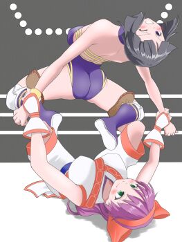 2girls ainu_clothes ass black_hair blue_eyes blush breasts clenched_teeth cosplay covered_erect_nipples fingerless_gloves gloves grabbing_another's_arm green_eyes hair_ribbon highres large_breasts legs leotard long_hair multiple_girls nakoruru one_eye_closed pants purple_hair ribbon samurai_spirits short_hair sideboob smile snk teeth the_king_of_fighters the_king_of_fighters_xv thighs wrestling wrestling_ring
