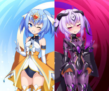 2girls arm_behind_back bare_shoulders before_and_after blue_eyes blue_hair blush bodysuit breasts cameltoe circlet commentary_request corruption covered_erect_nipples covered_navel cowboy_shot dark_persona elbow_gloves entenca evil_smile gem gloves grin groin heart heart-shaped_pupils horns looking_at_viewer medium_hair mind_control multiple_girls naughty_face nega_eclipse_(entenca) one_eye_closed open_mouth orange_skirt original pubic_tattoo pubic_tattoo_visible_through_clothes purple_eyes purple_hair red_eyes short_hair skin_tight skirt small_breasts smile split_screen split_theme standing symbol-shaped_pupils symmetrical_pose tattoo thighhighs tongue tongue_out twintails v white_gloves white_thighhighs