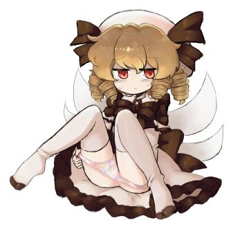 1girl alice_grimm back_bow blonde_hair blush bow bowtie brown_bow brown_bowtie closed_mouth commentary dress drill_hair fairy fairy_wings highres loli looking_at_viewer luna_child medium_hair panties panty_pull pink_panties pulling_own_clothes red_eyes simple_background solo thighhighs touhou underwear white_background white_dress white_thighhighs wings