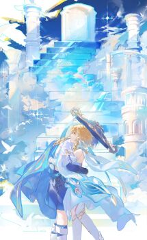 1boy 1girl absurdres armor bird black_bridal_gauntlets black_hair black_shorts blonde_hair blue_cape blue_hat blue_jingasa blue_sky bridal_gauntlets cape closed_mouth door dress earrings feather_earrings feathers from_side furisode genshin_impact gold gold_trim hakama hakama_shorts hands_on_another's_back hat head_on_another's_shoulder hetero highres hug japanese_armor japanese_clothes jewelry jingasa kimono kote kurokote leaning_forward leaning_on_person leg_warmers lens_flare looking_to_the_side lumine_(genshin_impact) pillar pleated_shorts profile purple_rope rope scaramouche_(genshin_impact) scarf short_hair short_hair_with_long_locks short_sleeves shorts shoulder_blades sidelocks single_bare_shoulder sky smile stairs star_(sky) thighhighs thighlet wanderer_(genshin_impact) whisper_(suisuibingtang) white_dress white_feathers white_leg_warmers white_scarf white_sleeves white_thighhighs yellow_eyes