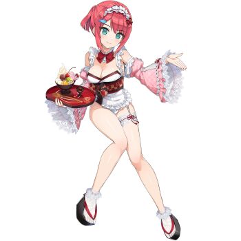 1girl apron aqua_eyes bikini breasts choker cleavage closed_mouth dessert detached_collar detached_sleeves dolphin_hair_ornament dolphin_wave food frilled_apron frilled_choker frilled_thigh_strap frills game_cg highres holding holding_tray ice_cream japanese_clothes lace-trimmed_apron lace_trim looking_at_viewer maid maid_apron maid_bikini medium_hair non-web_source official_alternate_costume official_alternate_hairstyle official_art ootomo_takuji parfait pink_hair platform_clogs ponytail sakimiya_kohari sitting small_breasts smile spoon sundae swimsuit thigh_strap transparent_background tray unconventional_maid wa_maid waist_apron white_apron