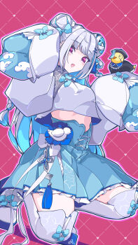 1girl absurdres animal_on_arm baby_animal bird blue_skirt bow bow_legwear braid chick china_dress chinese_clothes colored_inner_hair double_bun dress fang footwear_bow frilled_skirt frills hair_bun high-waist_skirt highres jiangshi_costume kneeling lize_helesta lize_helesta_(11th_costume) long_hair mandarin_collar midriff_peek multicolored_hair nijisanji noraki151 pleated_skirt purple_eyes red_background sebastian_piyodore shirt sidelocks skin_fang skirt sleeve_bow sleeves_past_fingers sleeves_past_wrists smile thighhighs twin_braids two-sided_fabric two-tone_hair two_side_up virtual_youtuber waist_bow white_shirt white_thighhighs wide_sleeves zettai_ryouiki