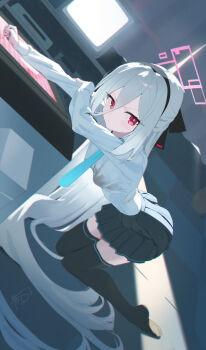 Rule 34 | 1girl, absurdres, black hairband, black thighhighs, blue archive, blue necktie, commentary request, dan nako, grey skirt, hair between eyes, hairband, halo, highres, kei (blue archive), kei (new body) (blue archive), long hair, long hair between eyes, necktie, pink eyes, pink halo, shirt, skirt, solo, thighhighs, thighs, white hair, white shirt