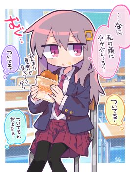 Rule 34 | 1girl, absurdres, black pantyhose, blazer, blue jacket, border, bread, brown shoes, buttoned cuffs, buttons, collared shirt, commentary request, confused, convenient skirt, food, from side, grey hair, hair between eyes, highres, inset border, jacket, loafers, long hair, long sleeves, looking at viewer, miniskirt, necktie, open clothes, open jacket, original, pantyhose, pink eyes, pleated skirt, red necktie, red skirt, richard (richaball), school uniform, shirt, shoes, sidelocks, simple background, skirt, snack, solo, speech bubble, translation request, twitter username, white border, white shirt