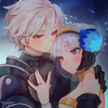 Rule 34 | 1boy, 1girl, arm around shoulder, armor, armored dress, bare shoulders, black armor, blush, breasts, choker, commentary, couple, crown, dress, grey hair, gwendolyn (odin sphere), hair between eyes, hand on another's chest, head wings, hetero, highres, hug, husband and wife, jewelry, long hair, night, night sky, odin sphere, oswald (odin sphere), purple eyes, red eyes, ring, shooting star, short hair, signature, sky, smile, star (sky), starry sky, strapless, strapless dress, upper body, valkyrie, white hair, wings, yatyou6666