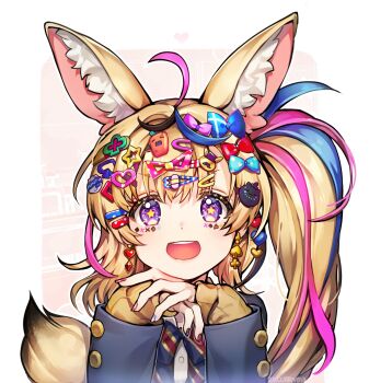 Rule 34 | 1girl, :d, ahoge, animal ear fluff, animal ears, bbcurry013, black bow, black bowtie, black jacket, black nails, blazer, blonde hair, blue nails, blue streaks, blush, bow, bowtie, brown cardigan, cardigan, character hair ornament, club (shape), club facial mark, club hair ornament, collared shirt, commentary request, daifuku (yukihana lamy), decora, diagonal-striped bow, diagonal-striped bowtie, diagonal-striped clothes, diamond (shape), diamond facial mark, dress shirt, earrings, facial mark, fox ears, fox girl, fox tail, gyaru, hair bow, hair ornament, hairclip, hairpin, head rest, heart, heart earrings, heart facial mark, heart hair ornament, highres, hololive, jacket, jewelry, kogal, long hair, mark under eye, mismatched earrings, multicolored bow, multicolored bowtie, multicolored hair, multicolored nails, multiple hair bows, multiple hairpins, nail polish, nekko (momosuzu nene), official alternate costume, official alternate hairstyle, omaru polka, omaru polka (school uniform), open mouth, own hands clasped, own hands together, pink nails, pink streaks, purple eyes, red bow, red bowtie, school uniform, shirt, side ponytail, smile, solo, spade (shape), spade earrings, spade facial mark, ssrb (shishiro botan), star-shaped pupils, star (symbol), streaked hair, striped bow, striped bowtie, striped clothes, symbol-shaped pupils, tail, teeth, upper body, upper teeth only, v-shaped eyebrows, very long hair, virtual youtuber, white shirt, x (symbol), x facial mark, zain (omaru polka)