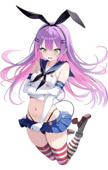 1girl absurdres animal_ear_hairband animal_ears black_hairband black_neckerchief black_panties blue_sailor_collar blush boots breasts buttons commentary_request cosplay crop_top cropped_shirt demon_girl demon_tail double-breasted double-parted_bangs earrings elbow_gloves fake_animal_ears full_body gloves gradient_hair green_eyes grey_boots hair_between_eyes hair_ornament hairband hairclip hand_on_own_arm highleg highleg_panties highres hololive jewelry kantai_collection long_hair microskirt miniskirt multicolored_hair navel neckerchief nekonosuke open_mouth paid_reward_available panties parallel_hairclips pink_hair pointy_ears purple_hair rabbit_ear_hairband rabbit_ears sailor_collar school_uniform serafuku shimakaze_(kancolle) shimakaze_(kancolle)_(cosplay) shirt shoe_soles simple_background skirt sleeveless sleeveless_shirt small_breasts solo spiked_ear_piercing striped_clothes striped_thighhighs tail thighhighs thong tokoyami_towa underwear virtual_youtuber wavy_mouth white_background white_gloves