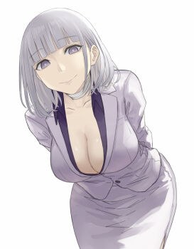1girl arms_behind_back asakiri_koko blazer blunt_bangs breasts cleavage commentary_request girls&#039;_frontline highres jacket large_breasts pencil_skirt purple_eyes purple_shirt rpk-16_(girls&#039;_frontline) shirt simple_background skirt smile solo white_background white_hair white_jacket white_skirt