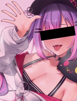 1girl bibi_(tokoyami_towa) black_choker black_hat black_shorts black_tank_top blush breasts censored censored_identity choker cleavage commentary cropped_jacket demon_girl ear_piercing green_eyes hair_ornament hairpin hat hololive jacket long_hair looking_at_viewer medium_breasts multicolored_hair multicolored_nails nail_polish o-ring o-ring_choker open_mouth piercing pink_background pink_hair pink_nails purple_hair shorts smile streaked_hair tail tail_ornament tail_piercing tank_top tokoyami_towa tokoyami_towa_(1st_costume) tongue_piercing twintails upper_body very_long_hair virtual_youtuber white_jacket yellow_nails zellam