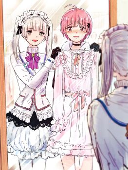 2girls ahoge blunt_bangs blush bow bowtie embarrassed frilled_hairband frills green_eyes hair_ornament hairband heaven_burns_red highres imminent_forced_dressing kulfiq lolita_fashion mirror multiple_girls ooshima_minori pantyhose purple_bow red_hair ribbon shirt short_hair skirt sugawara_chie trying_on_clothes twintails white_hair white_shirt
