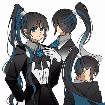 1girl ado_(utaite) black_coat black_hair blue_eyes blue_hair chando_(ado) coat commentary gloves highres mole mole_under_eye multicolored_hair multiple_views pike_(azas_ef) ponytail shirt simple_background two-tone_hair utaite white_background white_gloves white_shirt