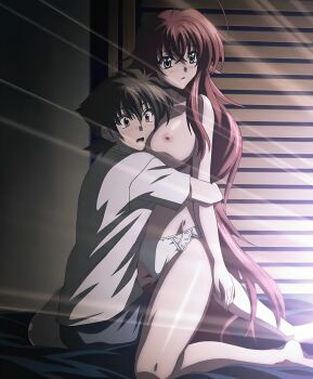 1boy 1girl absurdres ahoge anime_screenshot bed black_footwear breasts brown_eyes crossed_bangs hair_between_eyes high_school_dxd highres hug hyoudou_issei large_breasts nipples panties red_hair rias_gremory school_uniform screencap shirt stitched third-party_edit topless_female underwear white_panties white_shirt