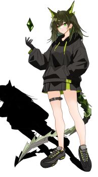 Rule 34 | 1girl, ahoge, arknights, belt, belt buckle, black belt, black hair, black hoodie, black shoes, buckle, closed mouth, commentary request, crystal, drawstring, expressionless, full body, green eyes, hand in pocket, hand up, highres, hood, hood down, hoodie, huge ahoge, long sleeves, medium hair, mon3tr (arknights), multicolored hair, sgt syunkai, shoes, simple background, sneakers, solo, standing, streaked hair, tail, thigh belt, thigh strap, white background
